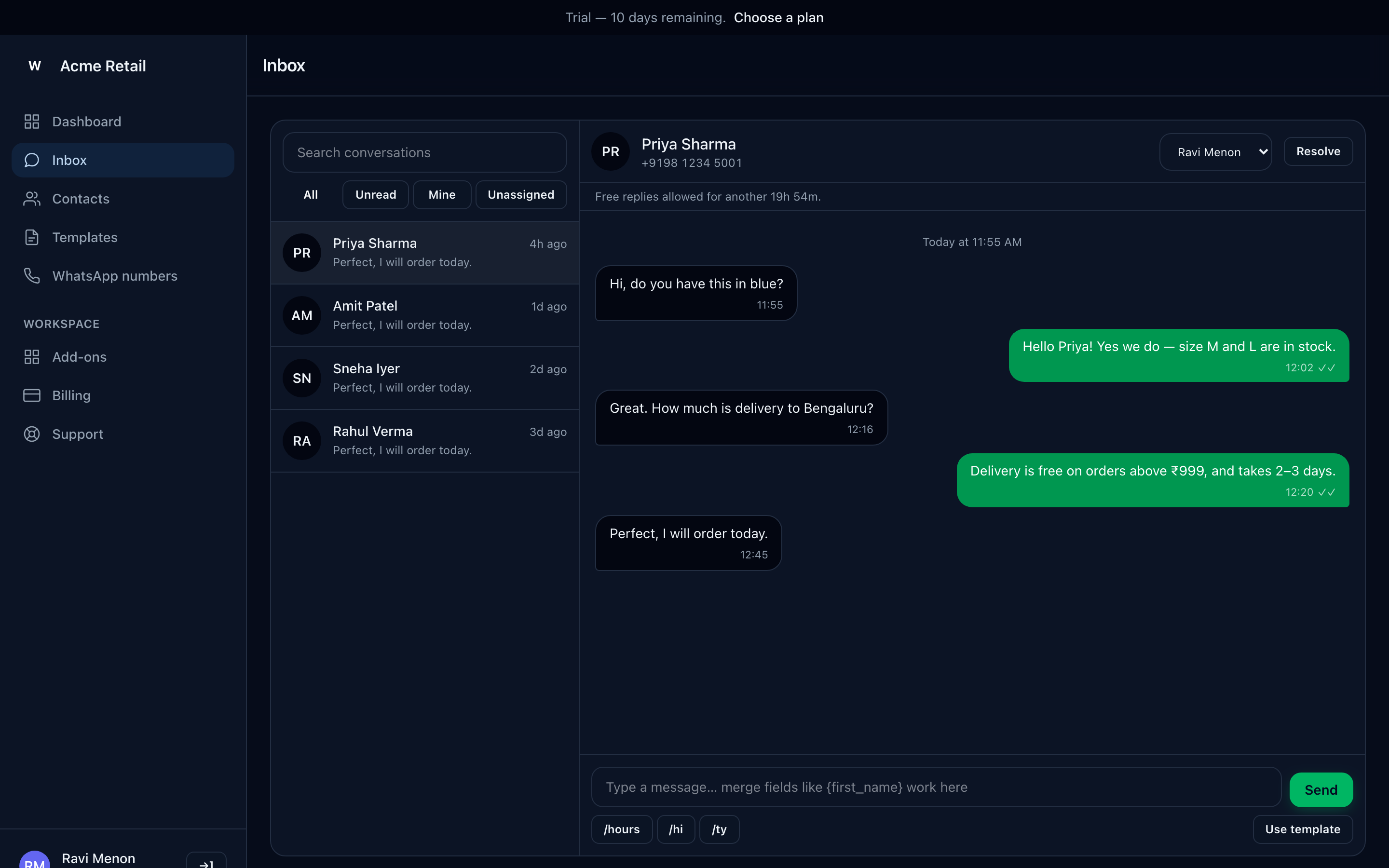 The WabaCRM shared inbox: a WhatsApp conversation with a customer, showing delivery receipts and the 24-hour reply window.
