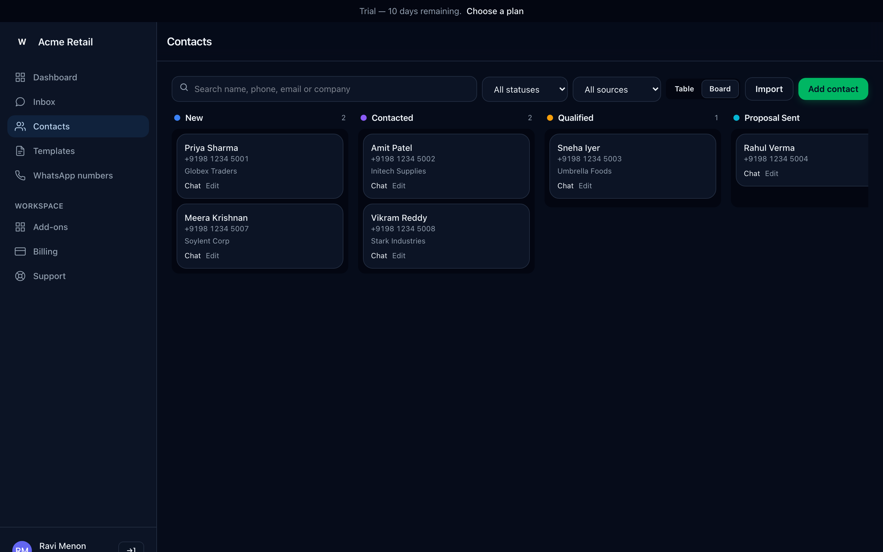 Contacts Kanban board with leads arranged in New, Contacted and Qualified columns.